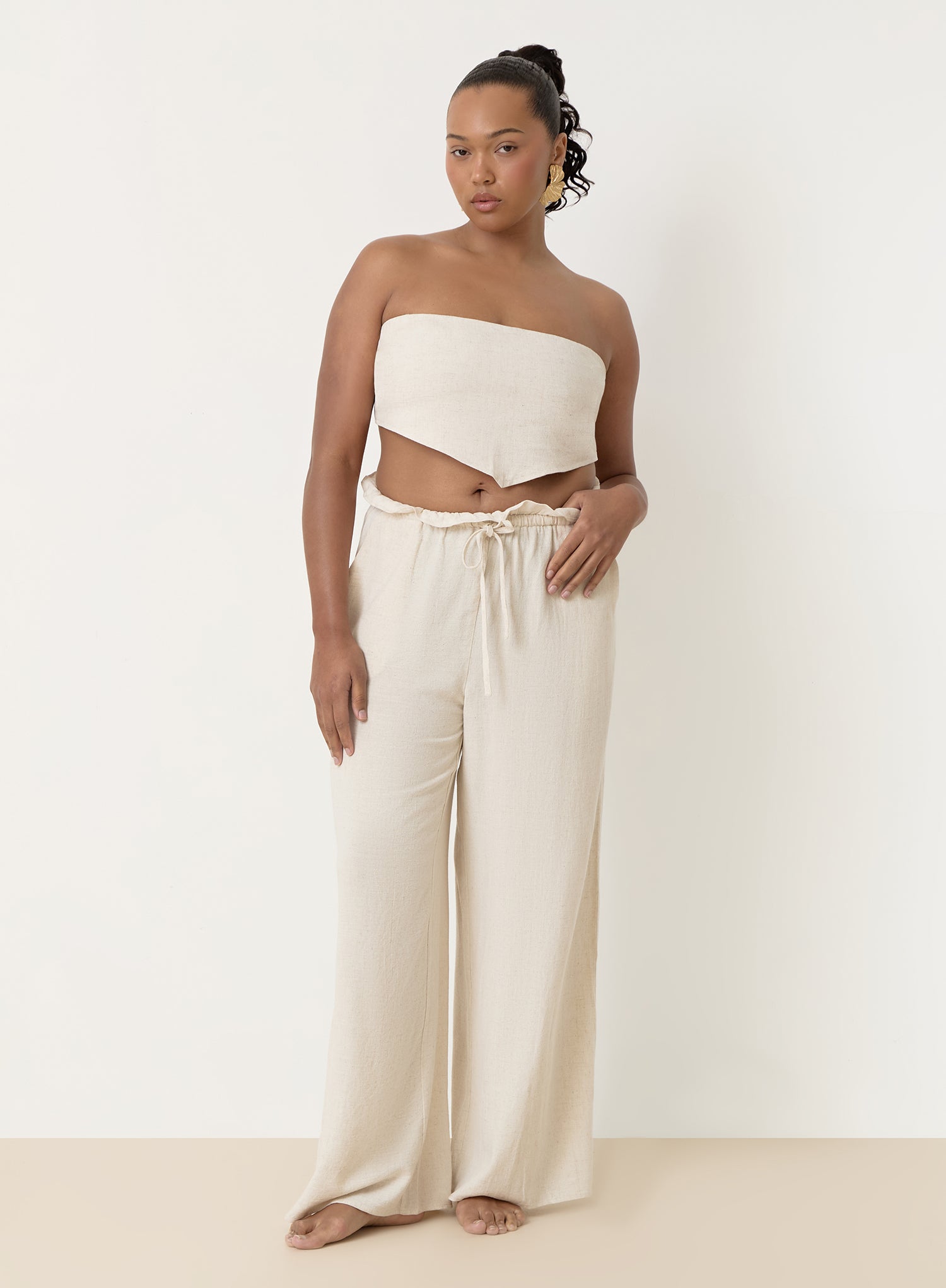 Beige Linen Drawstring Waist Trouser